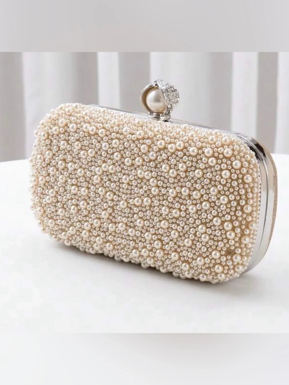 Pearl & Crystal Embellished Clutch - Apricot